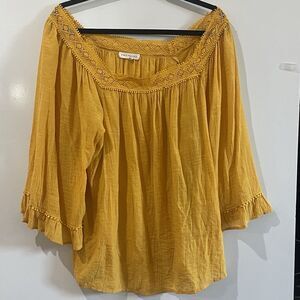 Women's Retrology Top Apricot Nectar Size - 1X Lace Panel Short Sleeve